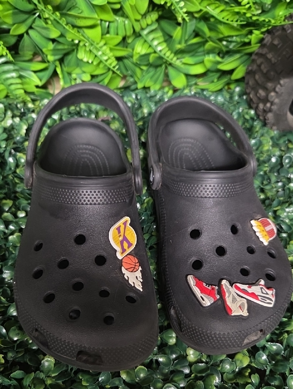 CROCS Kids Black Clog Sandals with Sports Charms